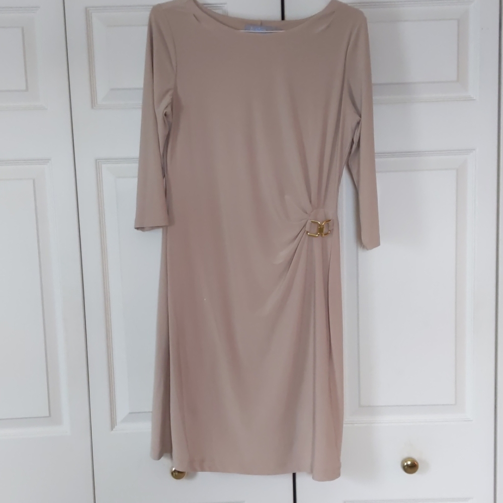 Large tan dress with gold buckle detailing